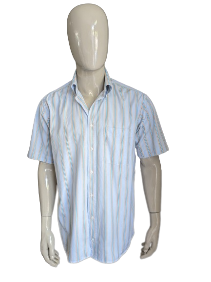 Adam Friday shirt short sleeve. Blue brown white striped. Size XL.