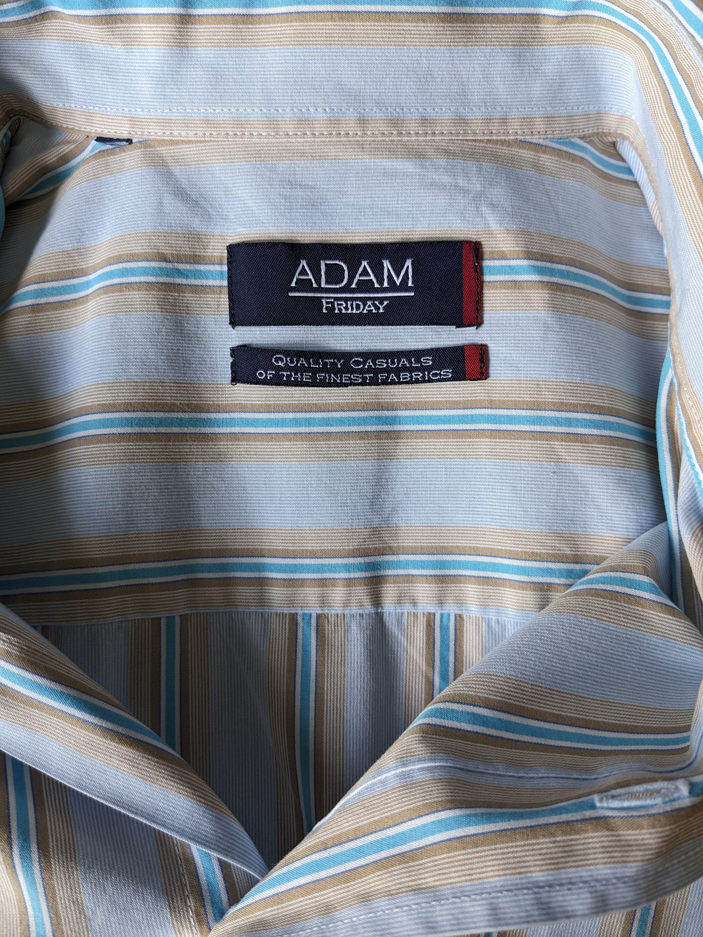 Adam Friday overhemd korte mouw. Blauw Bruin Wit gestreept. Maat XL.