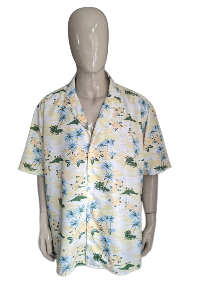 Cotton Traders Hawaii overhemd korte mouw. Groen Blauw Gele print. Maat 4XL / XXXXL.