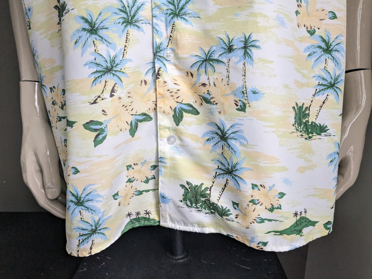 Trader di cotone Hawaii Shirt manica corta. Stampa gialla blu verde. Dimensione 4xl / xxxxl.