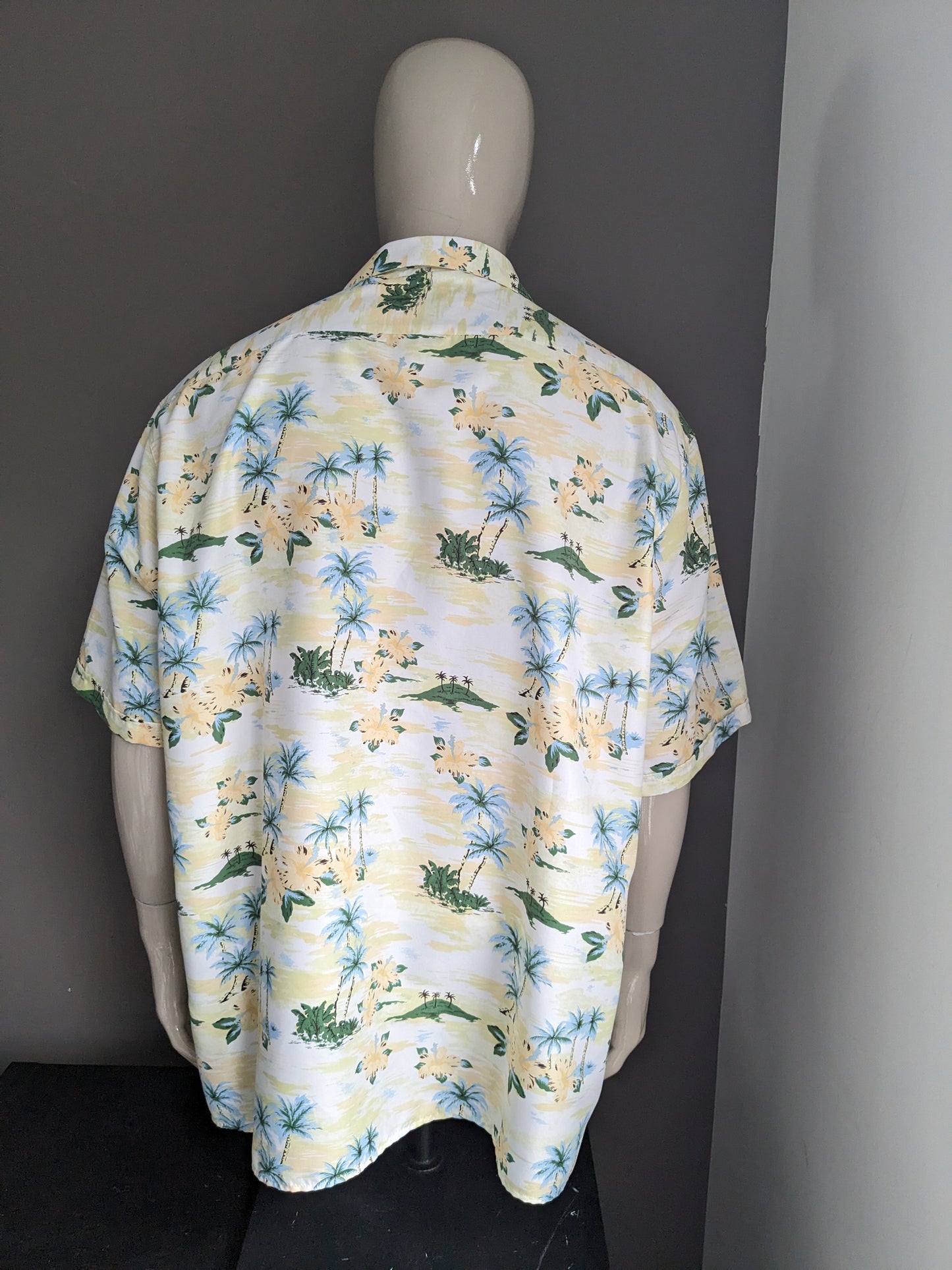Traders de algodón Camisa Hawaii manga corta. Impresión amarilla azul verde. Tamaño 4xl / xxxxl.