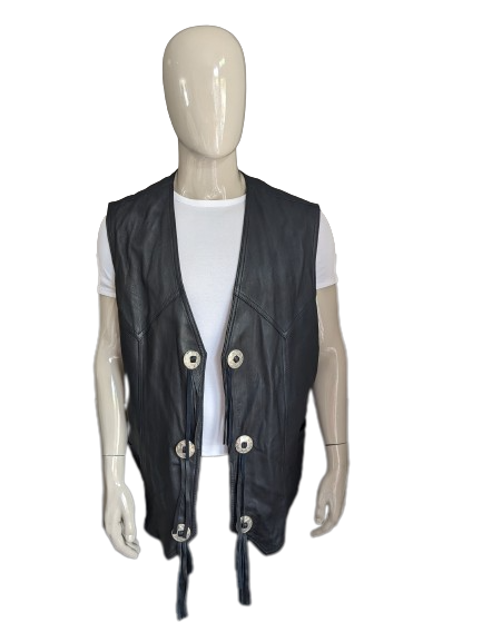 Tough leather biker waistcoat with lace -up applications and buckles. Black colored. Size 3XL / XXXL.