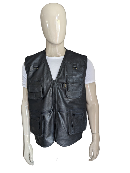 CS701 Leather Body Warmer with many bags. Black patches. Size XL. With 1 inner pocket.