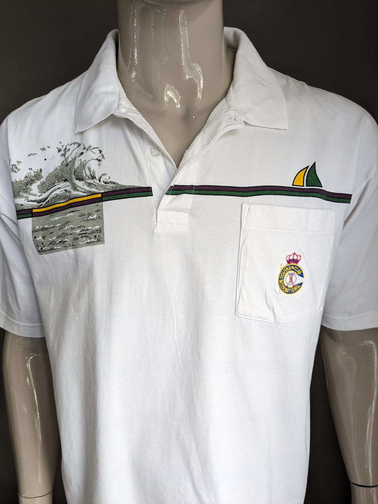 Vintage Bosi Sports polo. "International Golfing Club". Wit met opdruk. Maat XL.