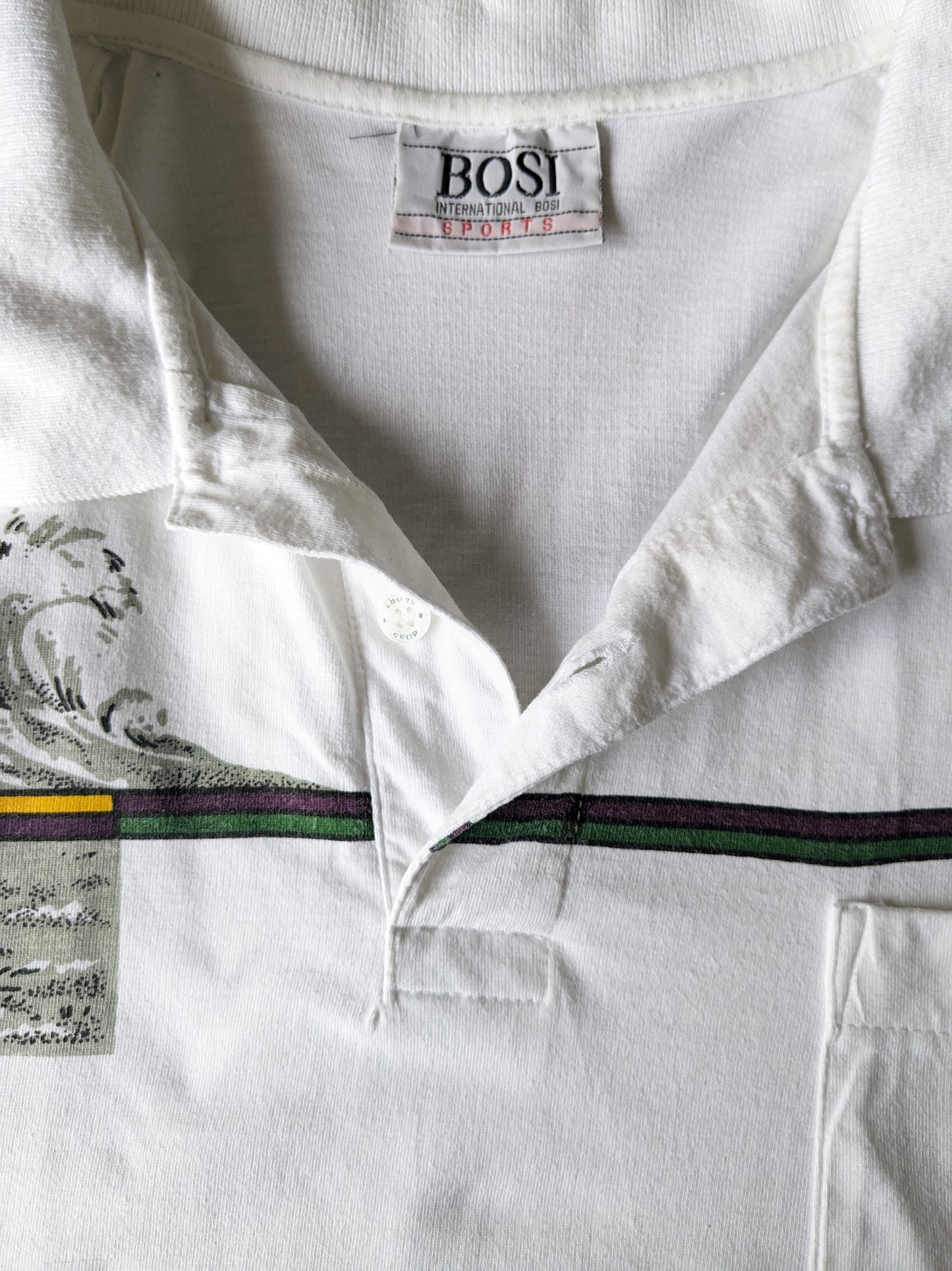 Vintage Bosi Sports Polo. "International Golfing Club". White with print. Size XL.