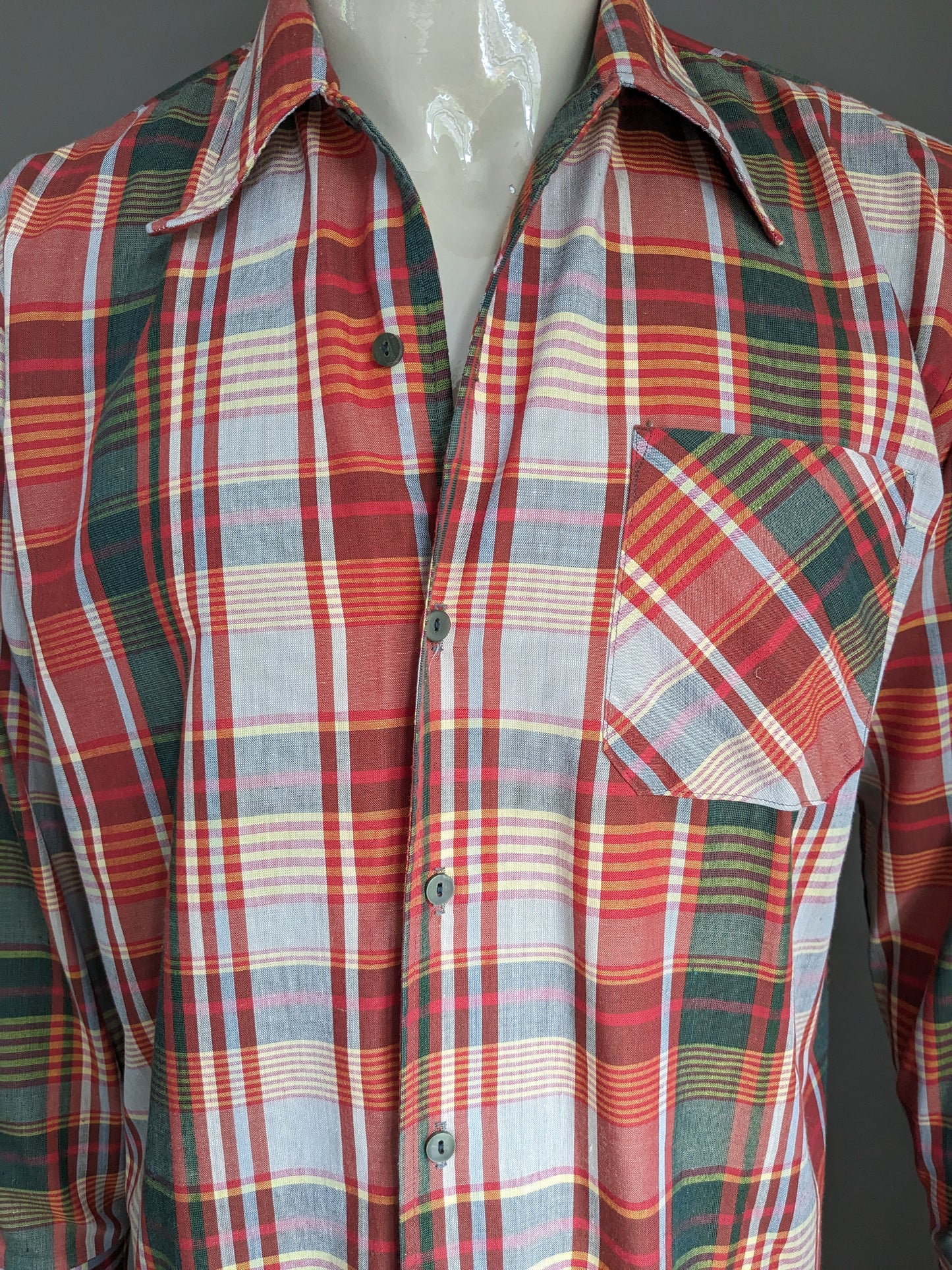 Vintage 70's shirt with point collar. Red green yellow checkered. Size XL.