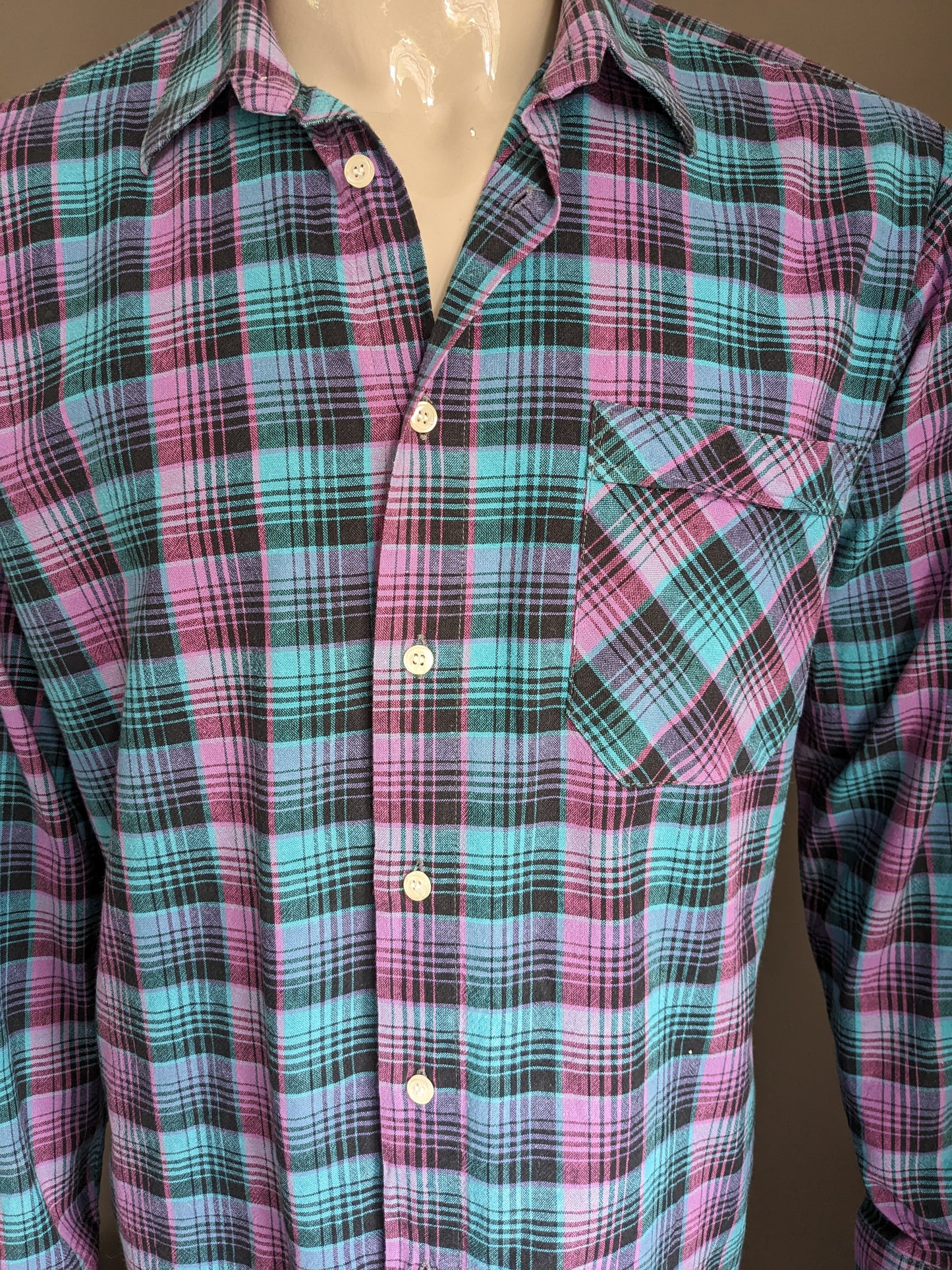 Camicia vintage degli anni '70. Nero verde viola controllato. Taglia XL.