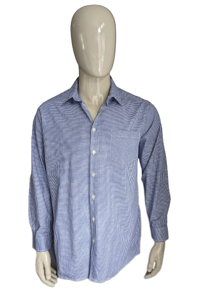 Vintage 70's overhemd. Blauw Wit geblokt motief. Maat L.
