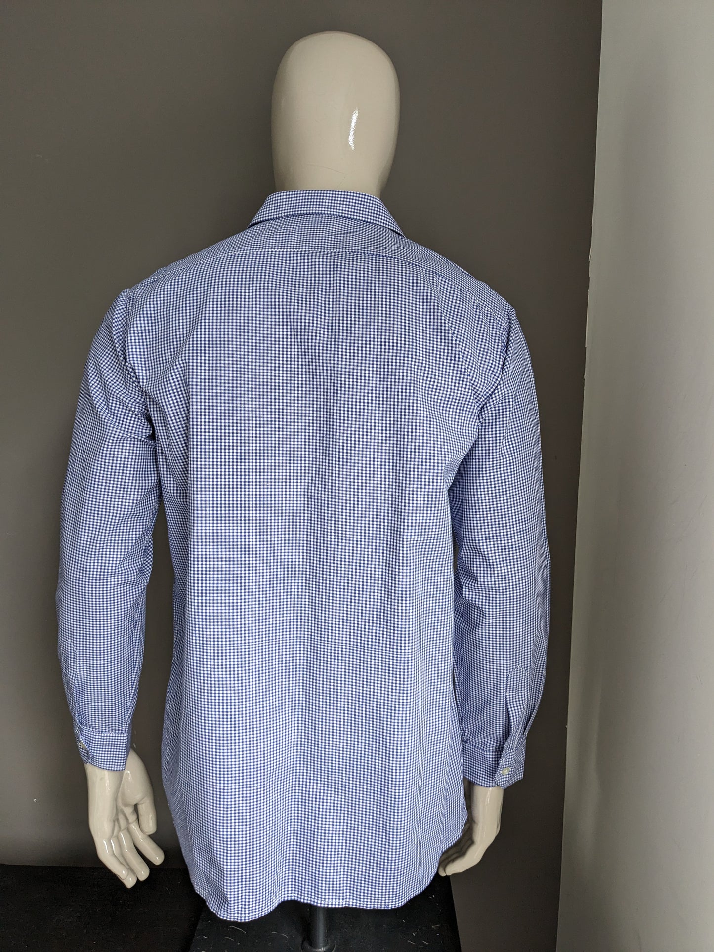 Vintage 70's overhemd. Blauw Wit geblokt motief. Maat L.