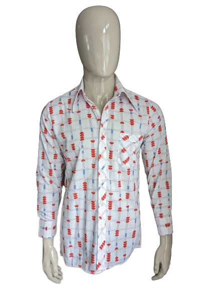 Vintage 70's r Exclusiv shirt with point collar. Blue red and white print. Size M.