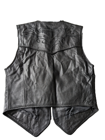 Harley Davidson Leather waistcoat. Black with beautiful braided edges and beautiful applications. Black. Size XXS.