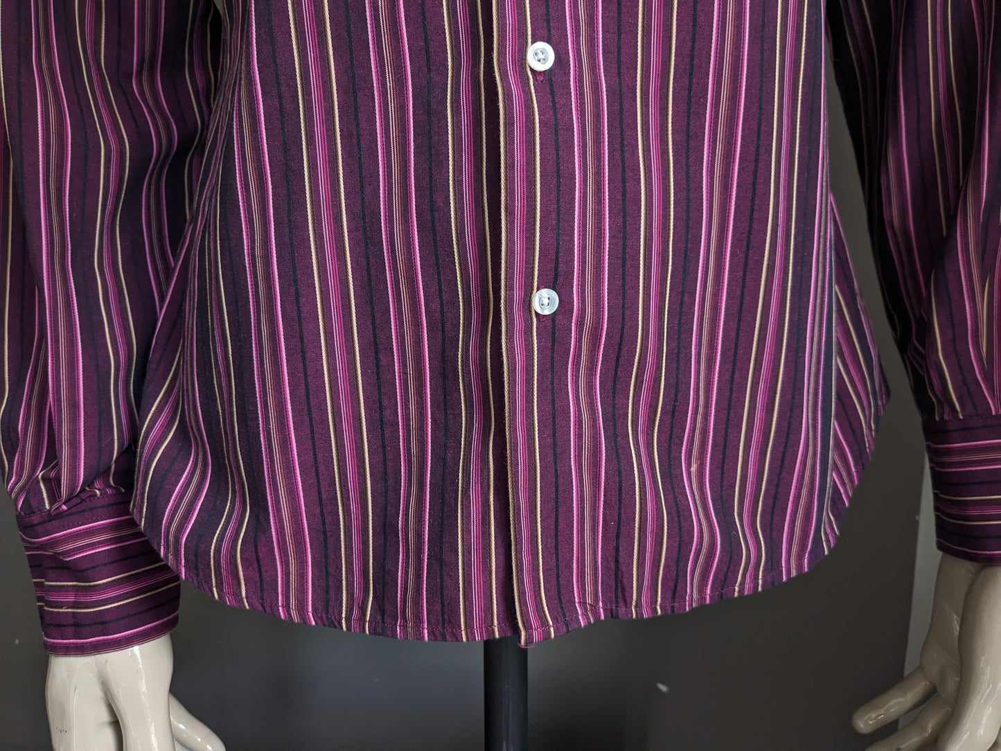Vintage De Blasio overhemd. Paars Bruin Roze gestreept. Maat M.