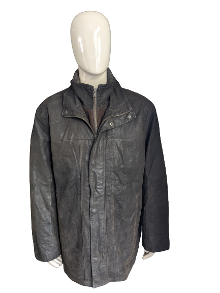 Leather Style mid-length Leather jacket. Dark Brown colored. with zip-off double closure and collar. Size 62-64/ 3XL.
