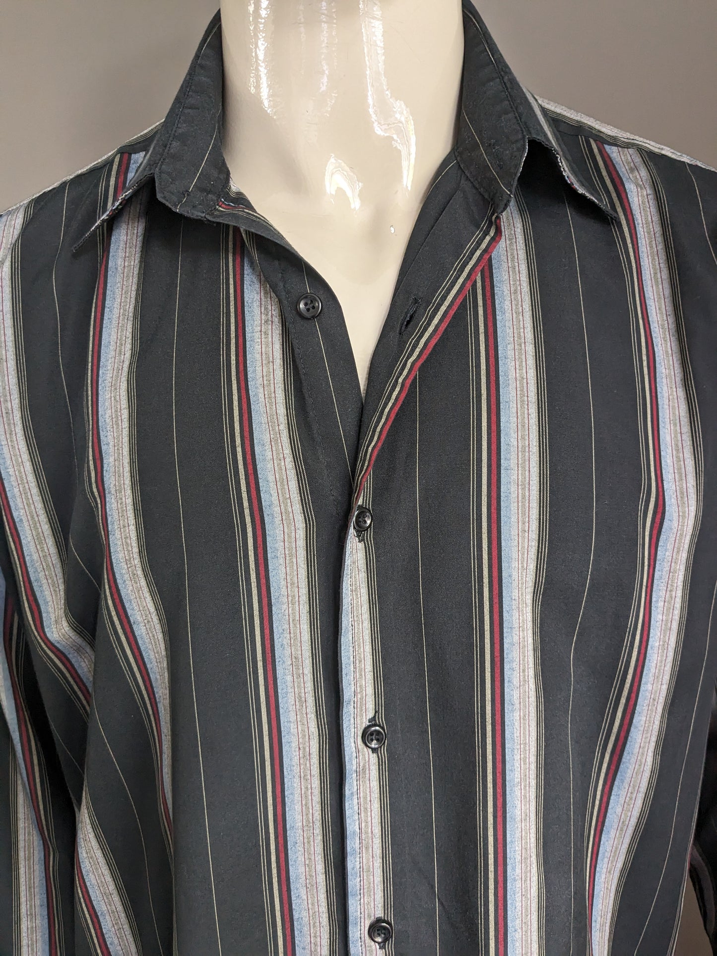 Vintage NPO No Problems Shirt. Black red blue gray striped. Size 2XL / XXL.