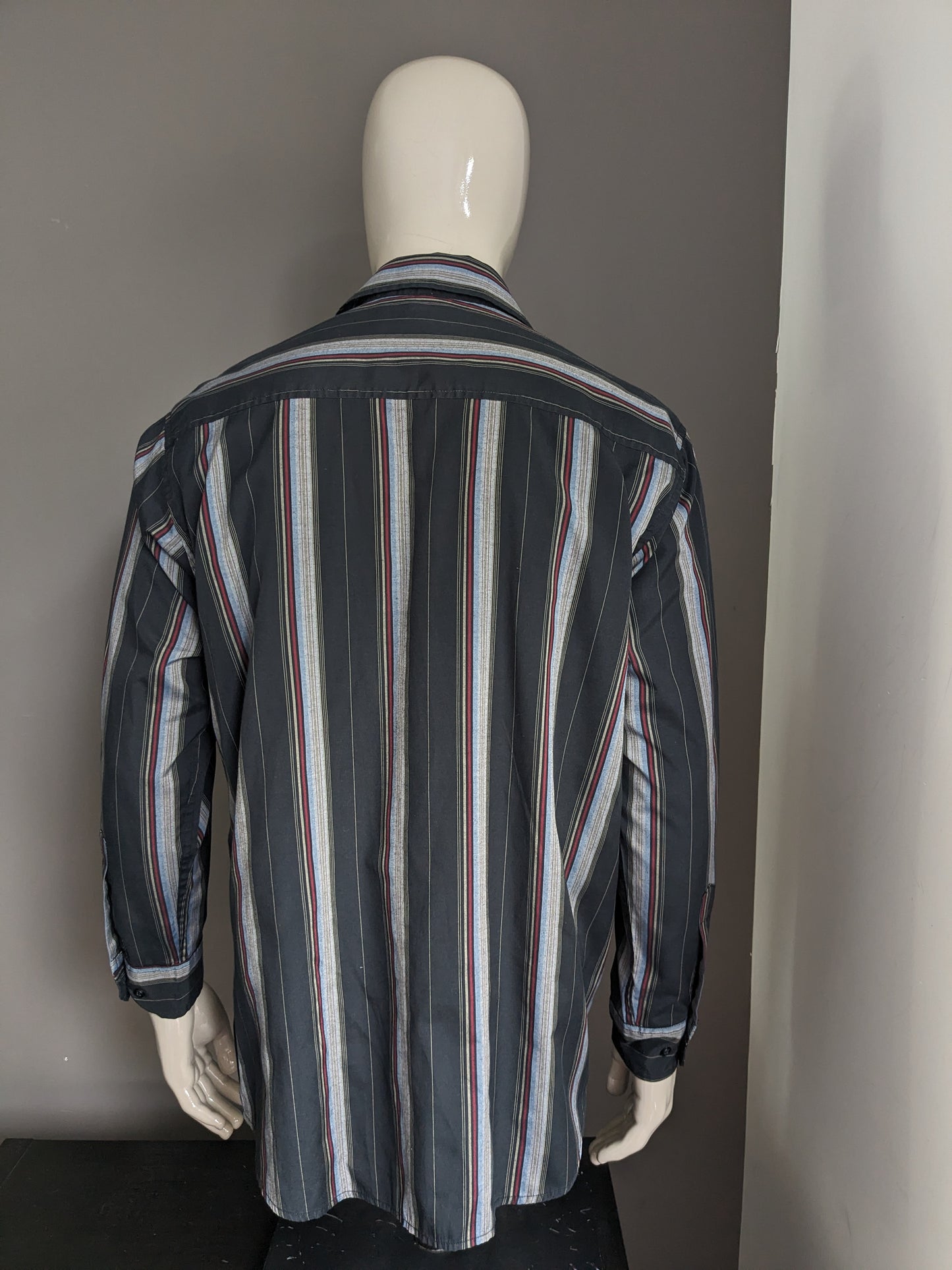 Vintage NPO No Problems Shirt. Black red blue gray striped. Size 2XL / XXL.
