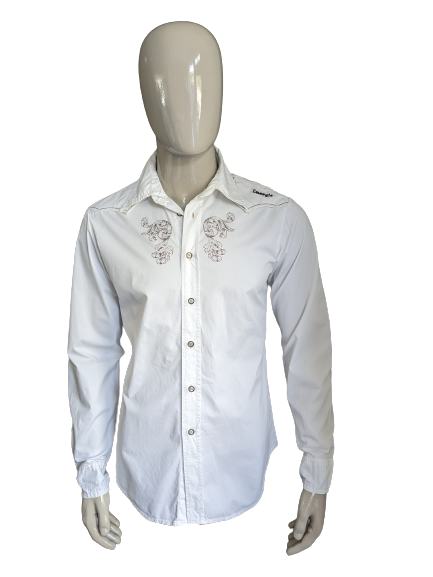 Vintage einzigartige Energie Western Shirt. Weiß braun gefärbt und leicht zugeschnitten. Größe L.