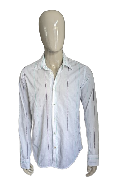 Mexx shirt. White with purple green embroidered stripes. Size L.