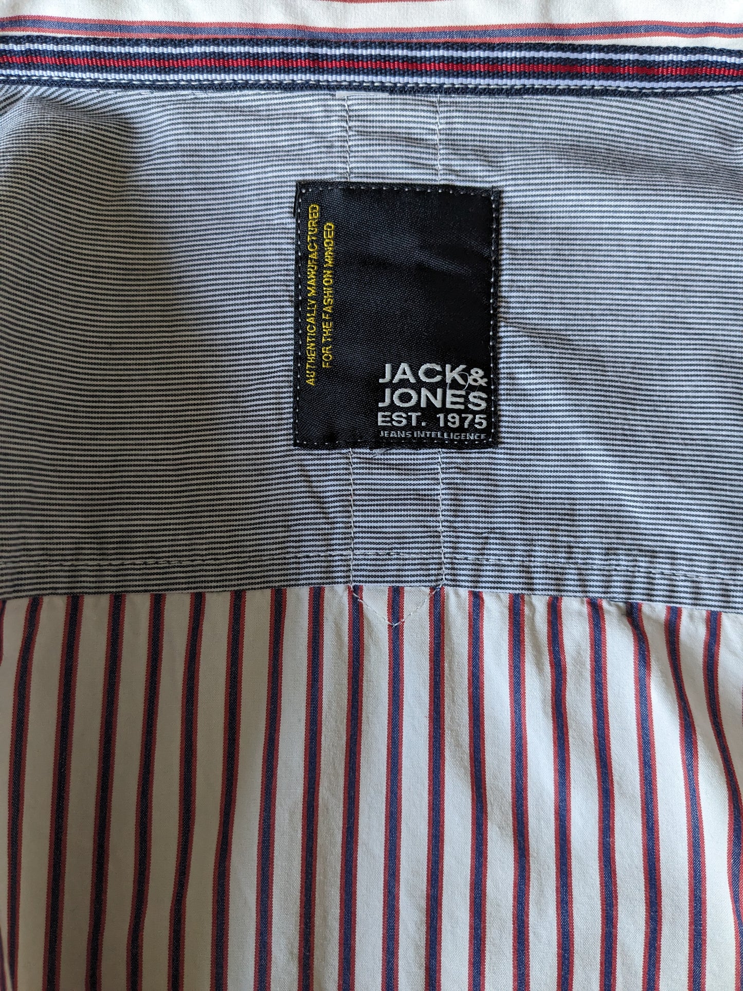 Jack & Jones overhemd. Beige Blauw Rood gestreept. Maat L.