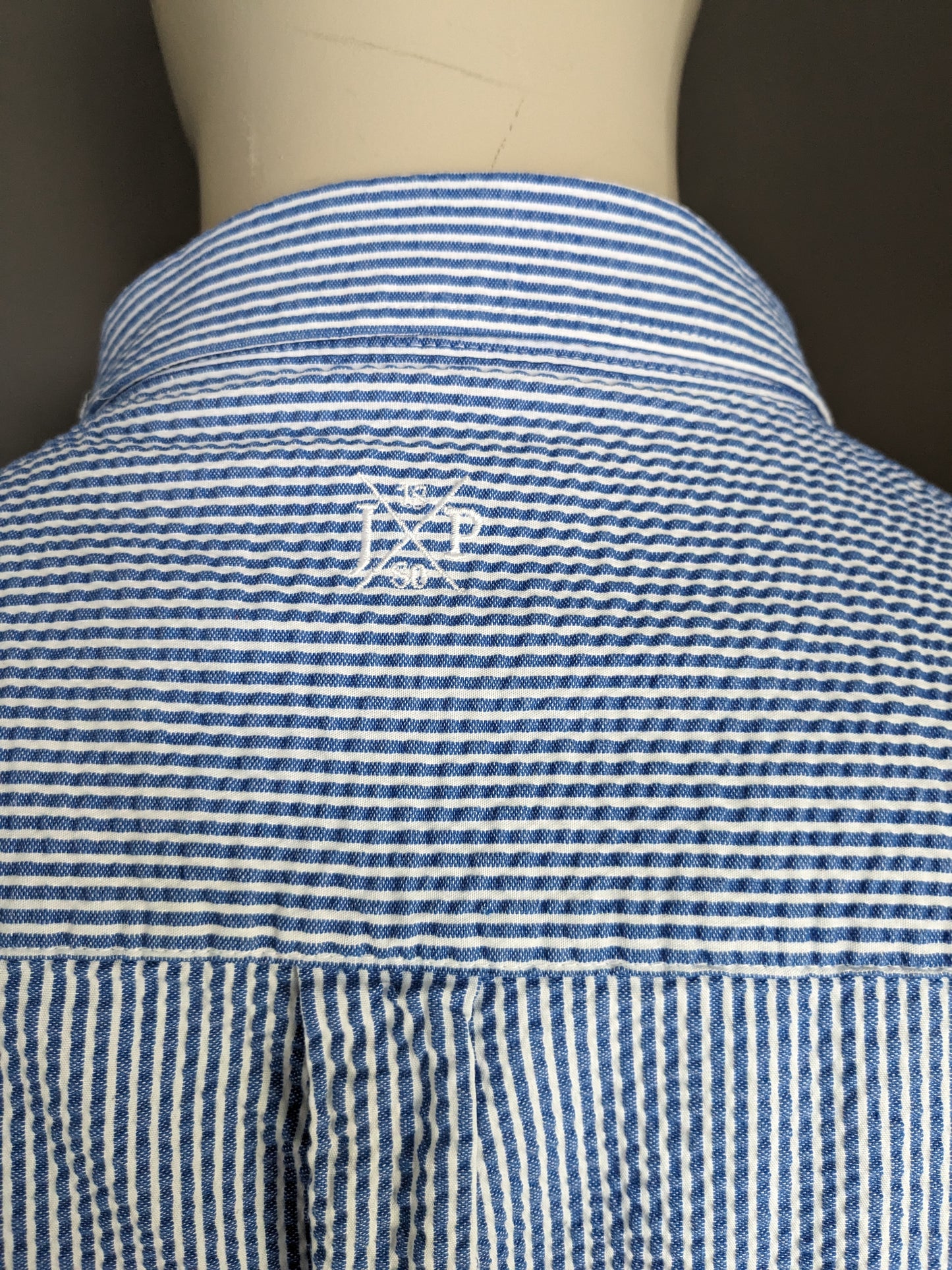 JP Johan Popken overhemd. Blauw Wit geribbeld gestreept motief. Maat 5XL / XXXXXL. Modern Fit.