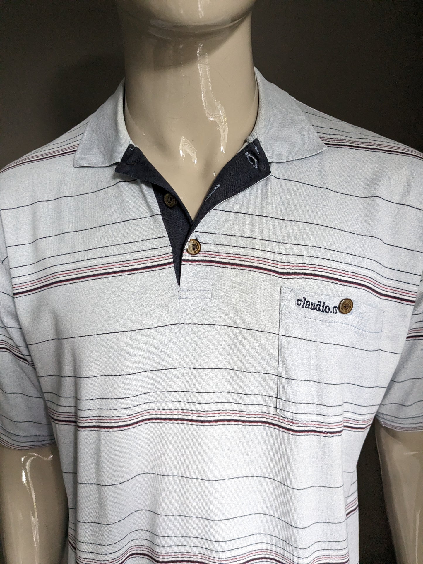 Claudio M Vintage Polo with elastic band. Blue red white striped. Size XL.