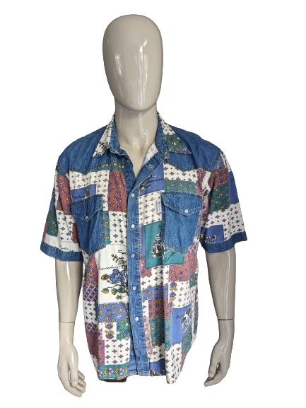 Vintage Ozkan overhemd korte mouw met drukknopen. Blauw Paars Groen gebloemd. Maat XL.