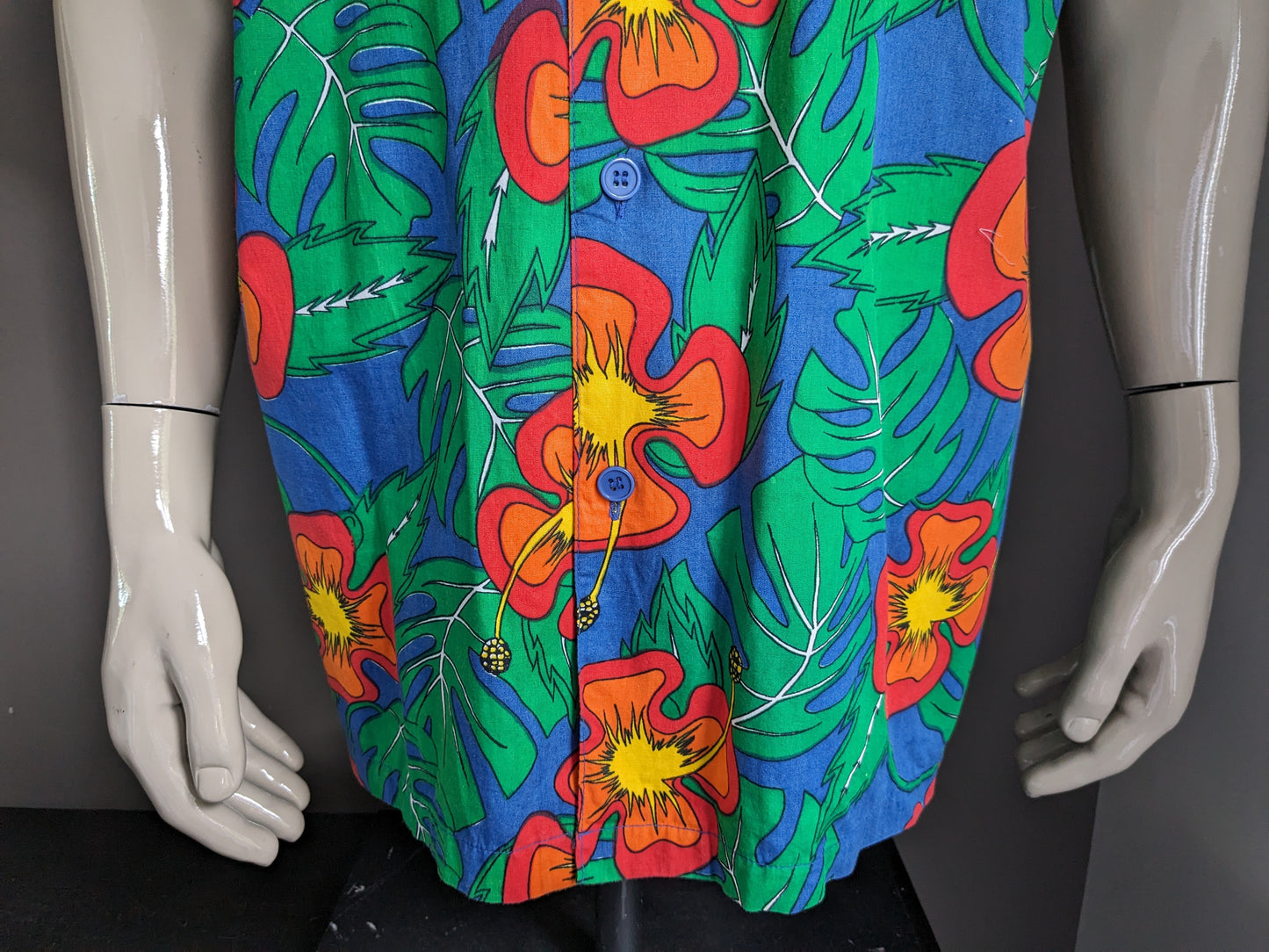 Vintage Hawaii overhemd korte mouw. Groen Blauw Rood Oranje gebloemd. Maat XL