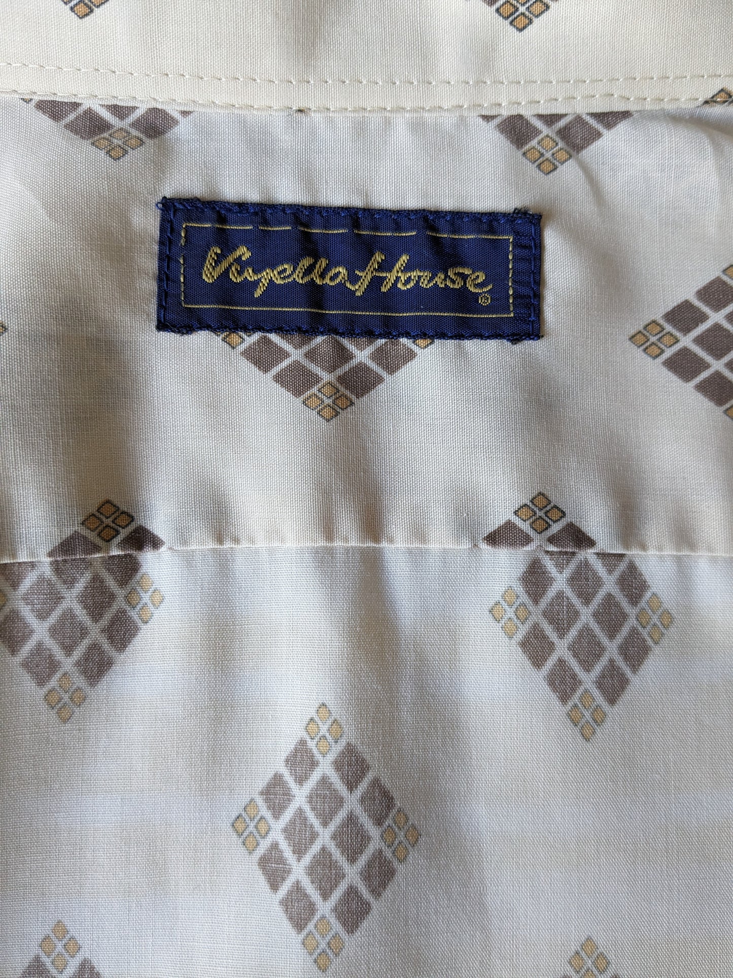 Vintage 70's Viyello House overhemd met puntkraag. Beige Bruine print. Maat XL. type manchetknoop.