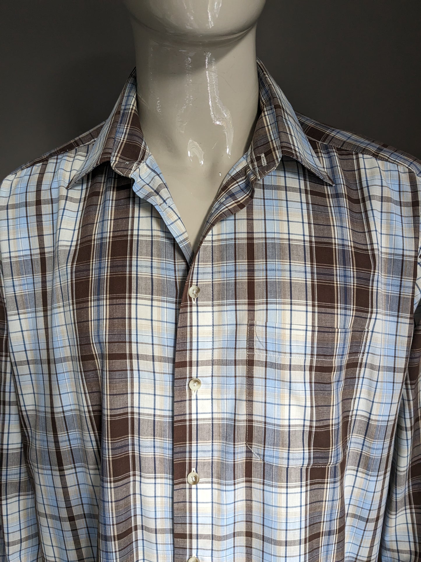 Camicia affilata vintage. Checker beige marrone blu. Dimensione 2xl / 3xl.
