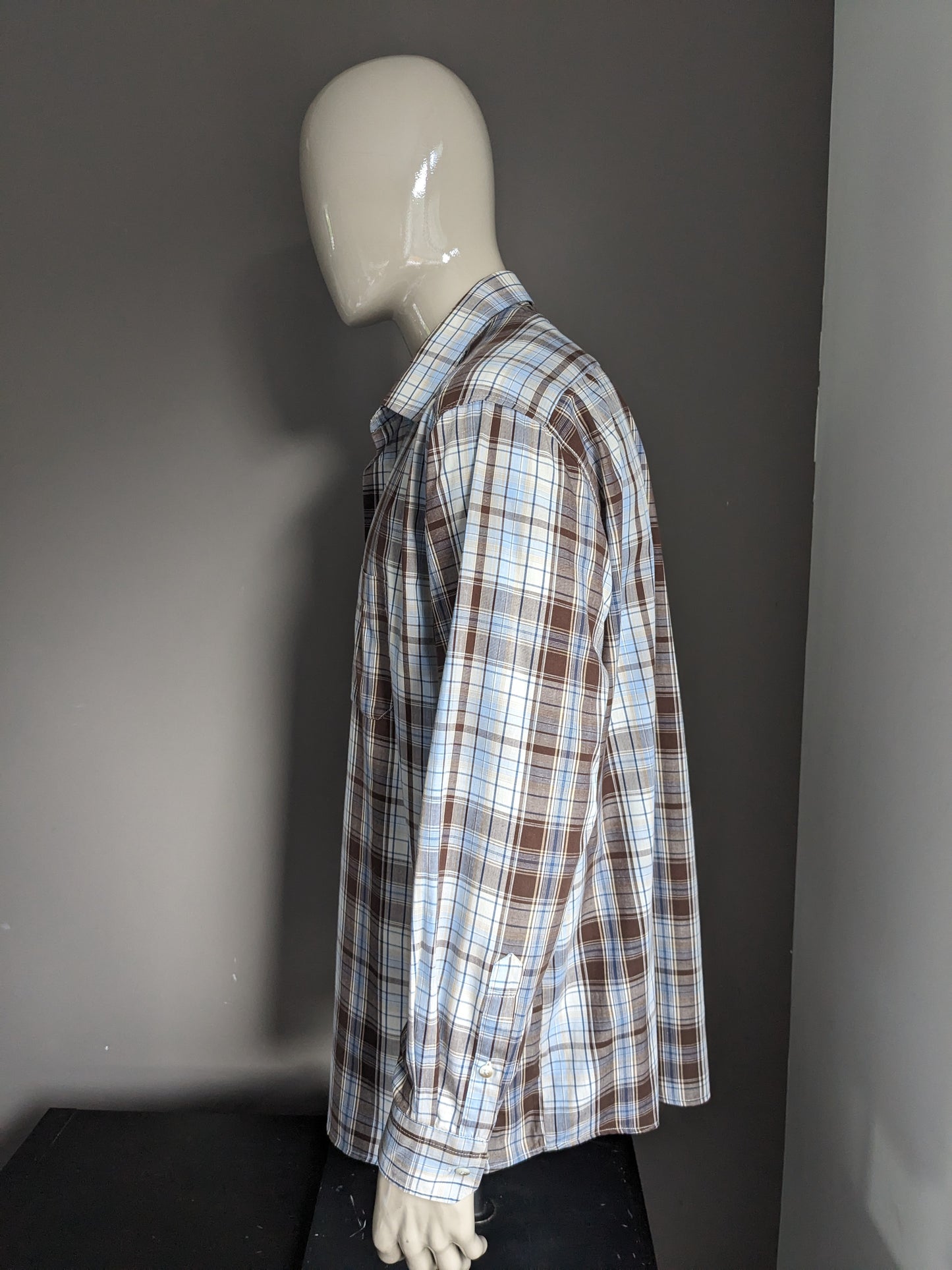 Camisa afilada vintage. Verificador de color beige marrón azul. Tamaño 2xl / 3xl.