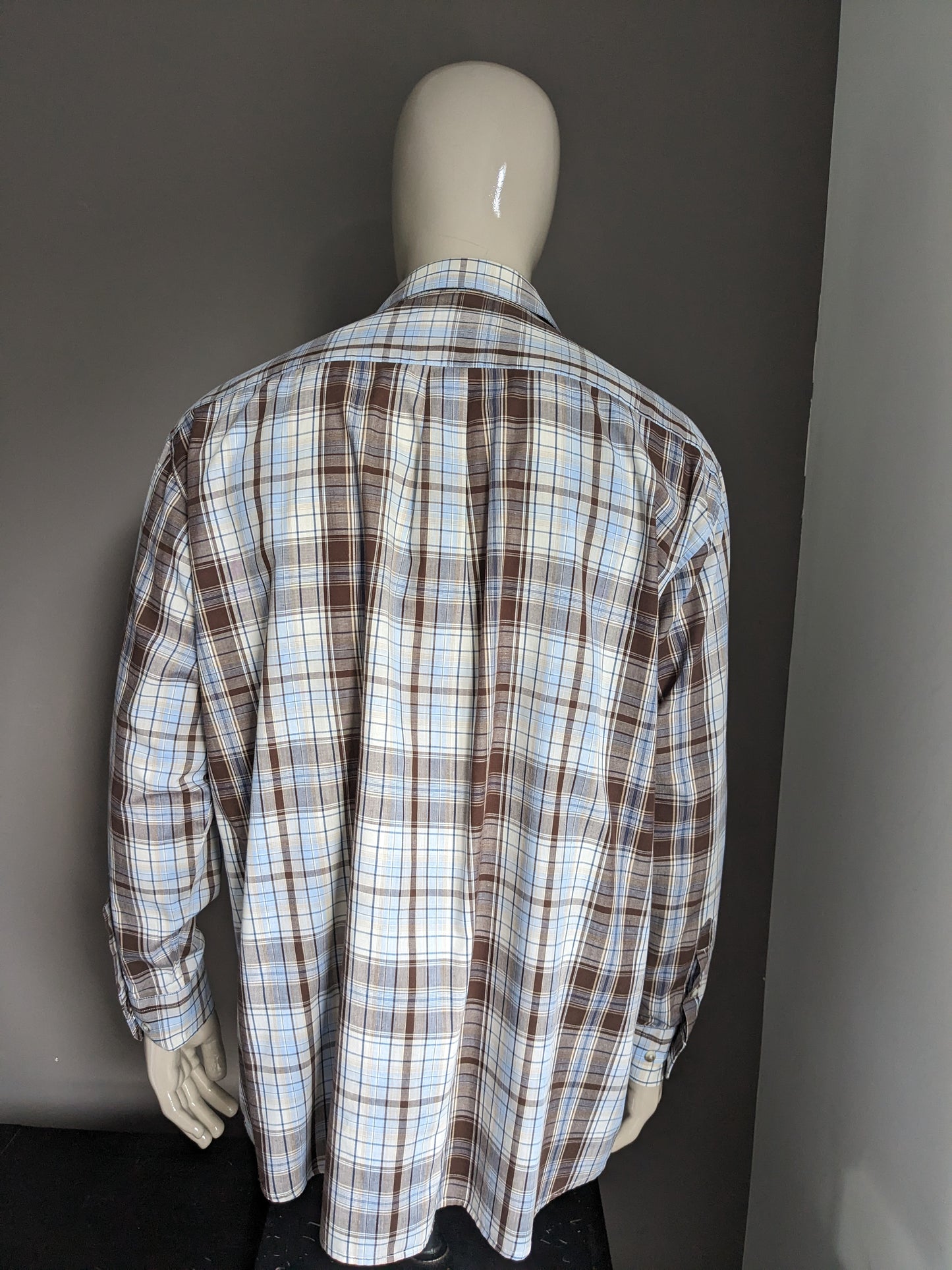 Camicia affilata vintage. Checker beige marrone blu. Dimensione 2xl / 3xl.