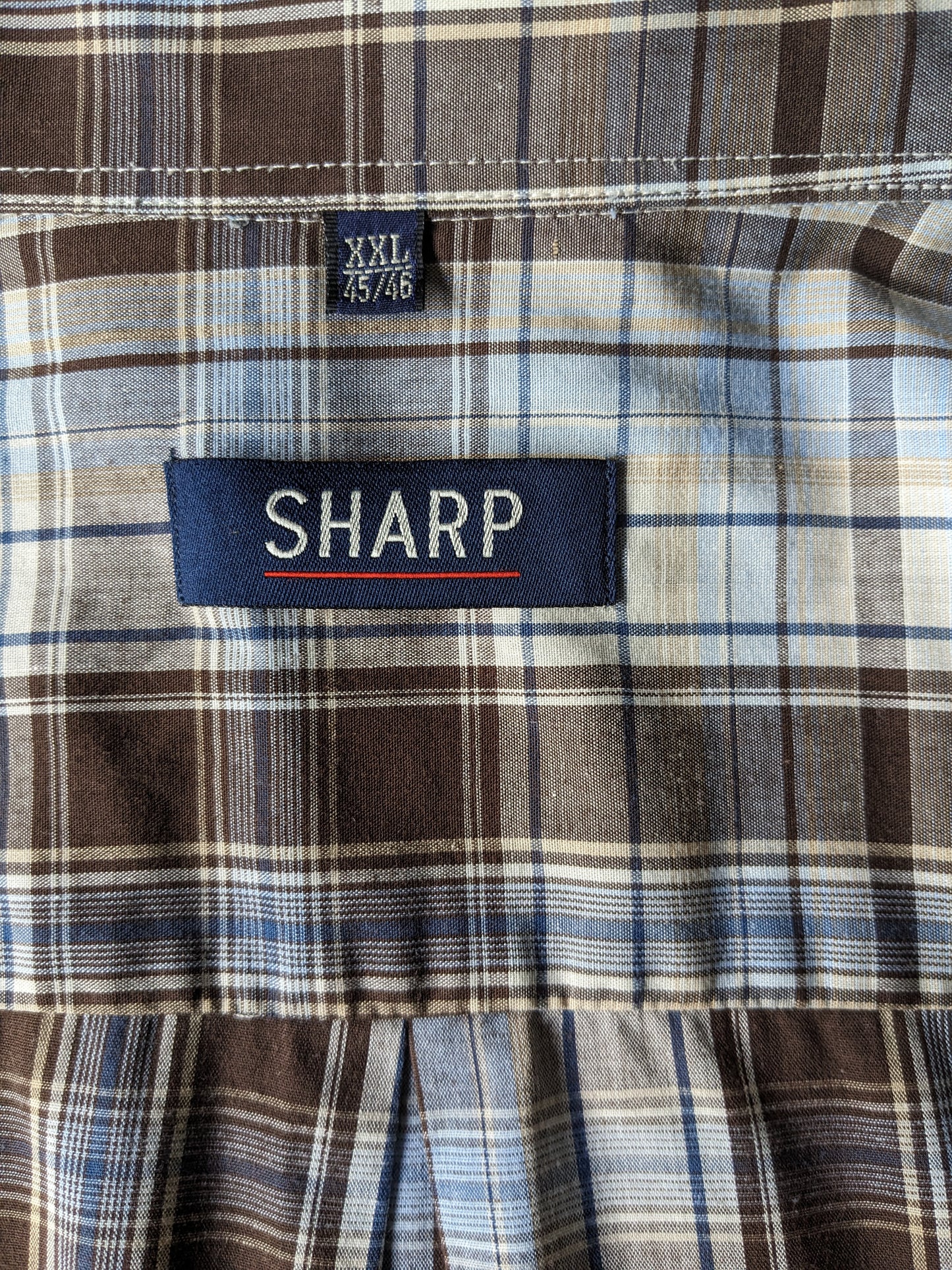 Vintage Sharp overhemd. Blauw Bruin Beige geruit. Maat 2XL / 3XL.