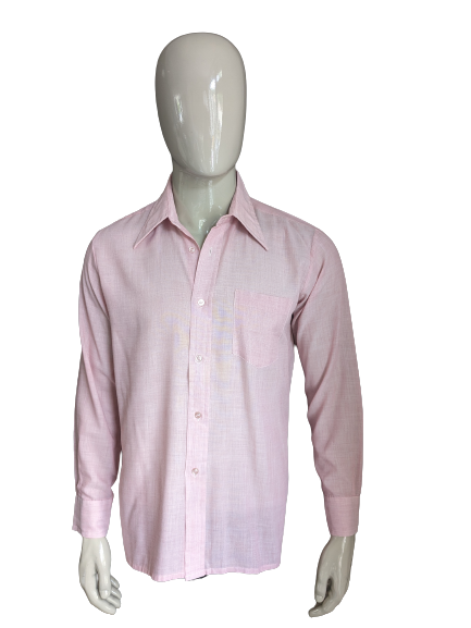 Vintage 70's Brummell overhemd met puntkraag. Roze Beige motief. Maat M.