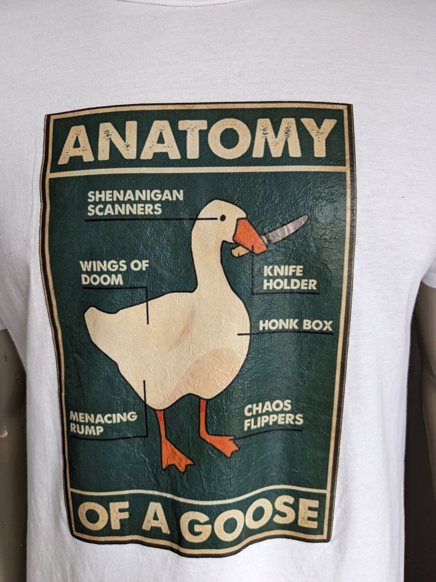 Camicia di anatomia dell'oca. Bianco con stampa. Taglia L.