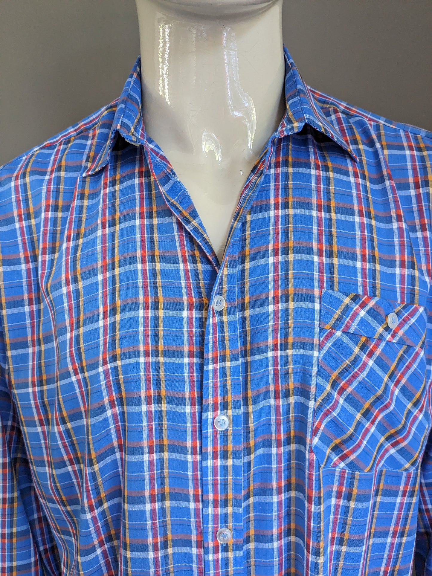 Vintage 70's Atelier overhemd. Blauw Rood Geel geruit. Maat XL.