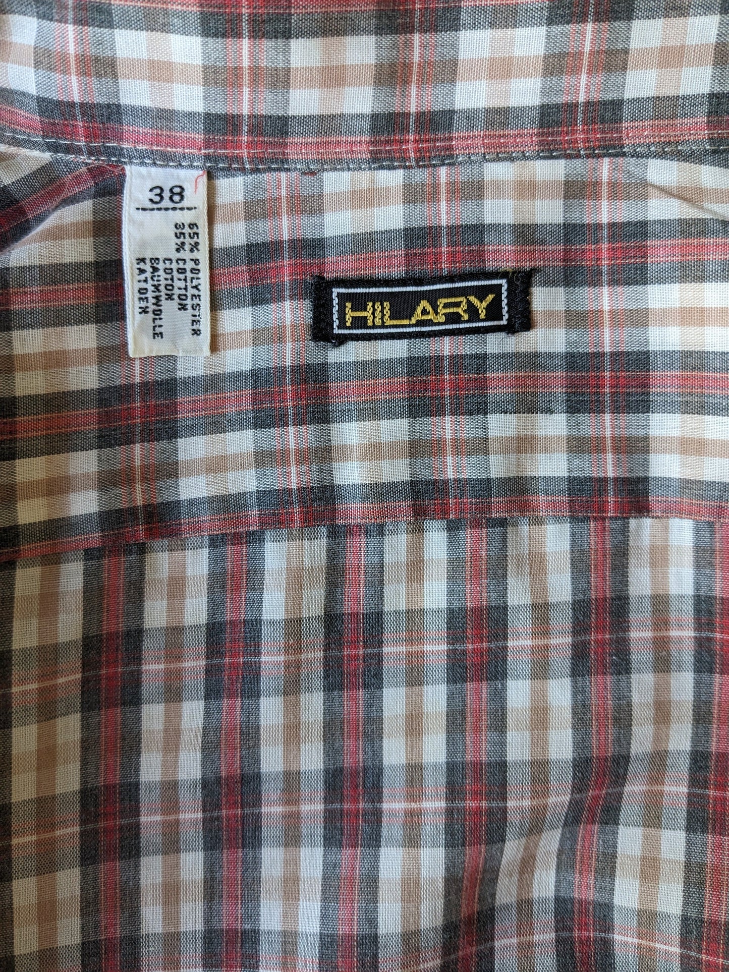 Vintage 70's Hilary getailleerd overhemd. Rood Zwart Roze geruit. Maat 38 / S.