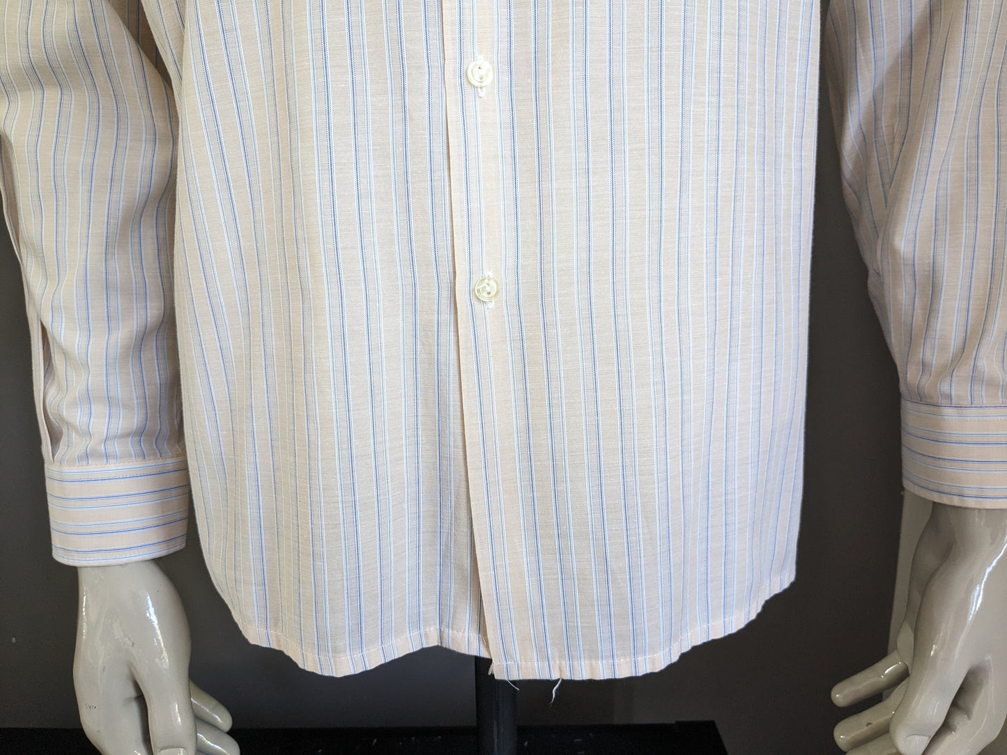 Vintage 70's Ondine overhemd. Licht Oranje Blauw gestreept. Maat XL.