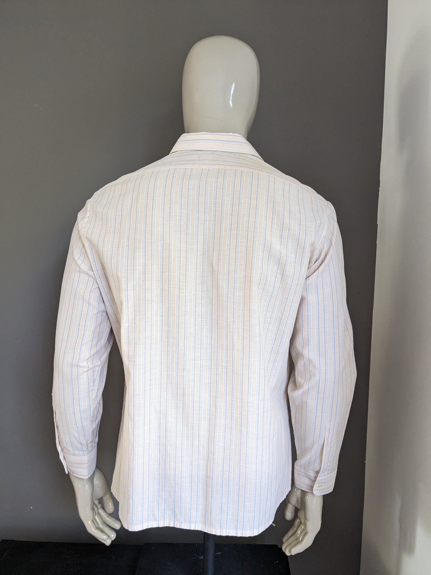Vintage 70's Ondine overhemd. Licht Oranje Blauw gestreept. Maat XL.
