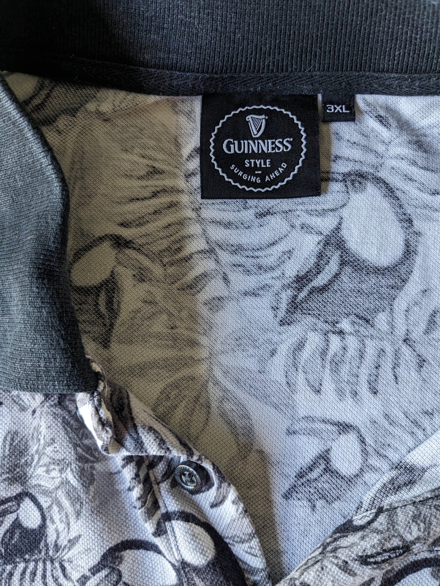 Guinness Style Polo. Black gray bird print. Size 3XL / XXXL.