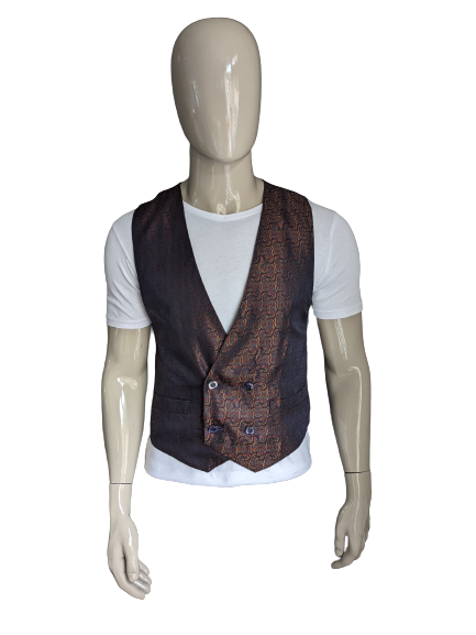 Double Breasted gilet. Paars Bruin Glanzend motief. Maat S.