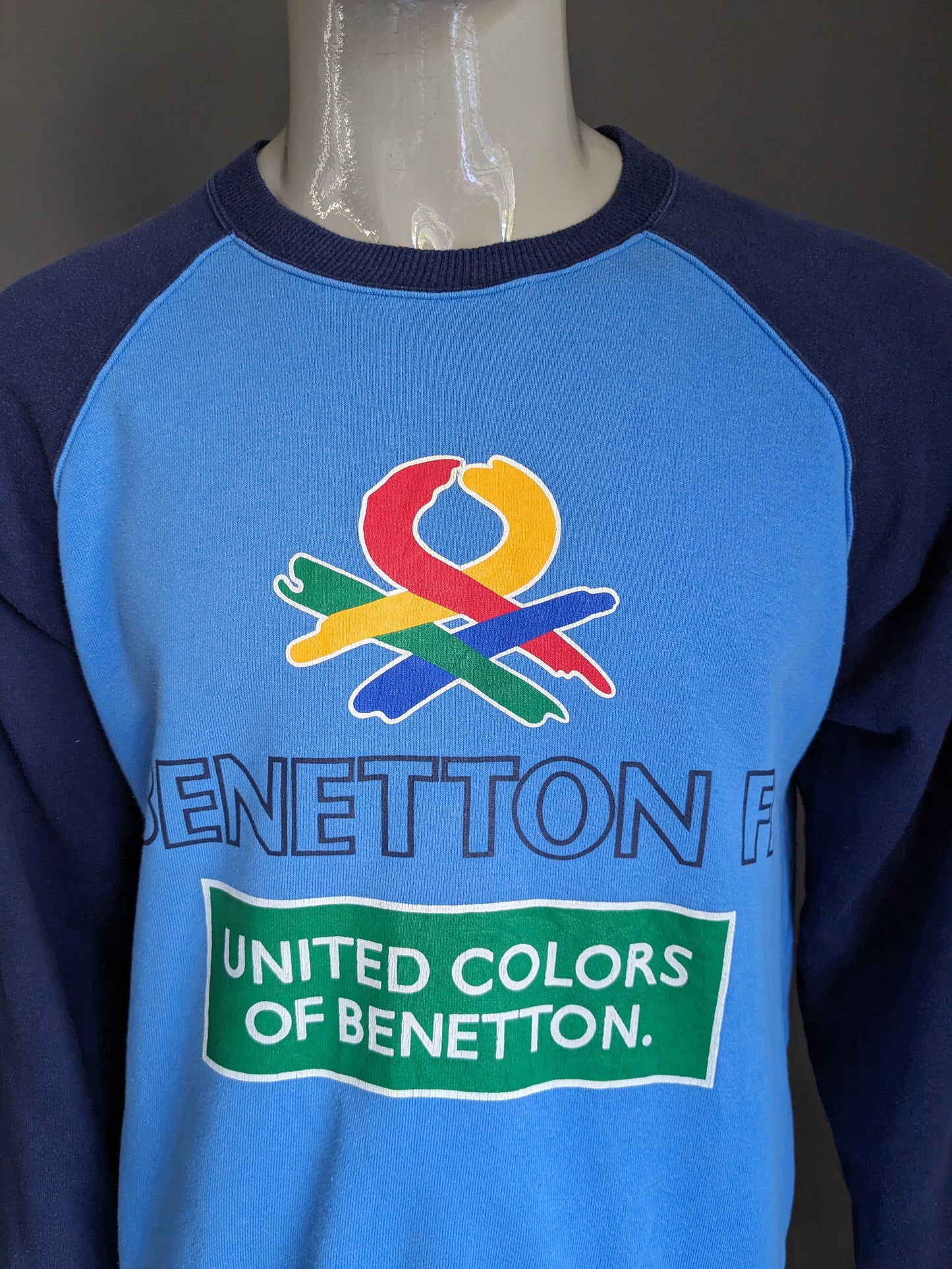 Uniek Vintage Benneton Formula Racing 1 trui. Blauw met opdruk. Maat M /L.
