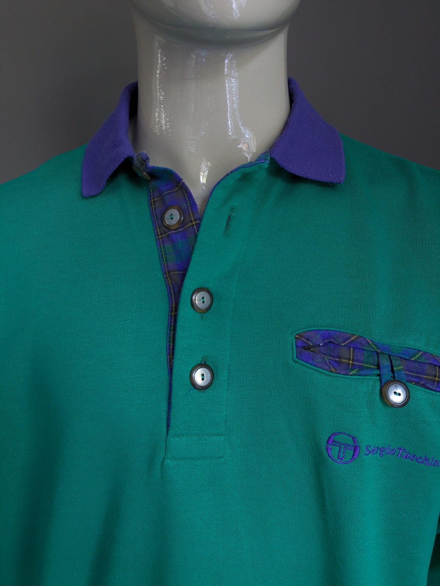 Vintage Sergio Tacchini polo sweater with elastic band. Green purple colored. Size XL.