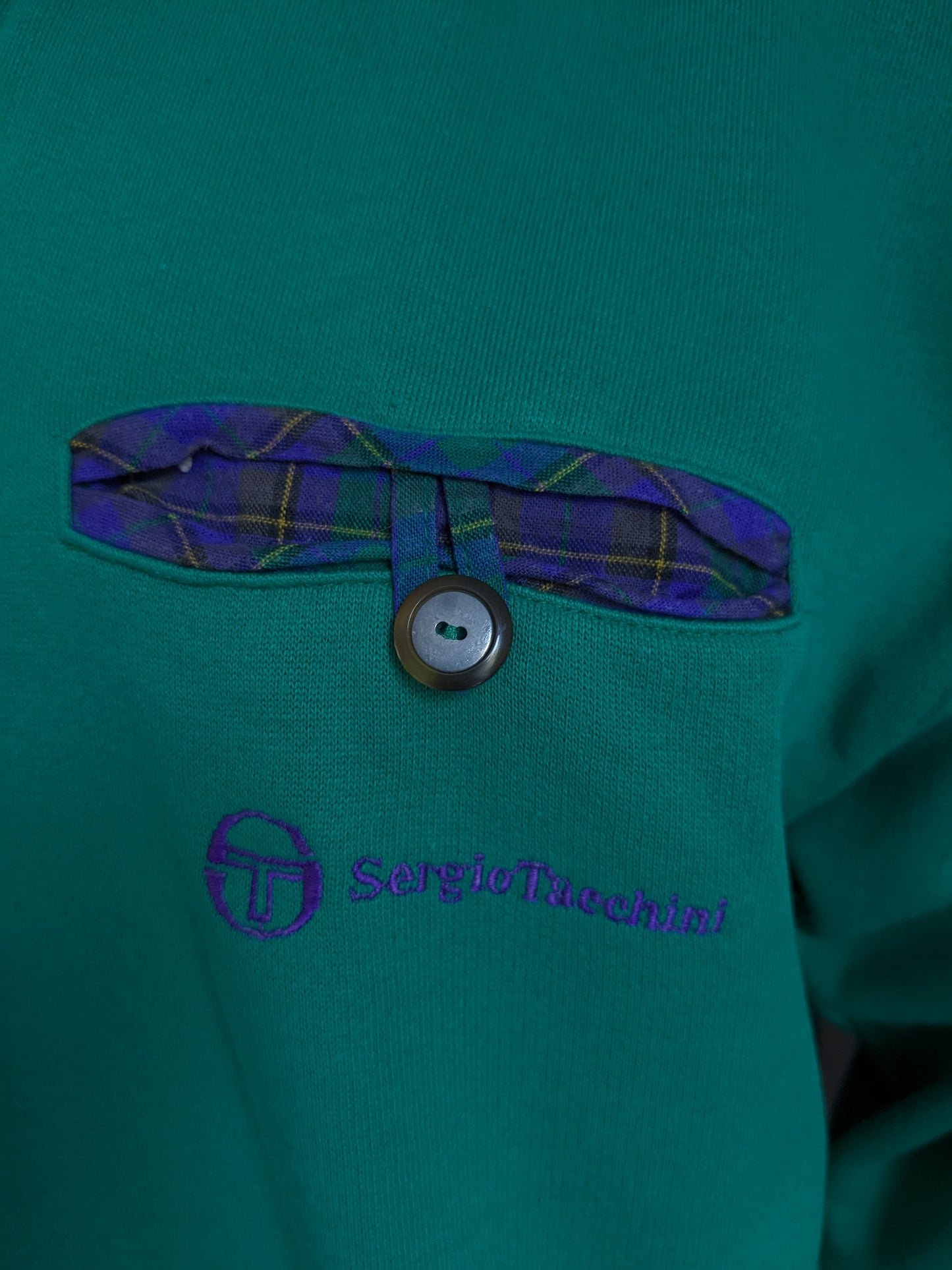 Vintage Sergio Tacchini polo sweater with elastic band. Green purple colored. Size XL.