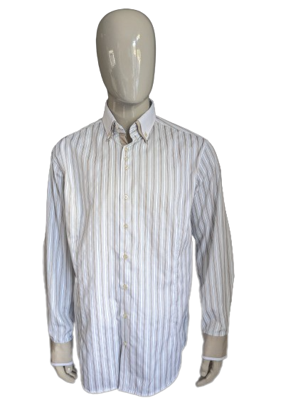 Camisa de Turunç con doble cuello. Blanco azul marrón rayado. Tamaño XL / XXL.