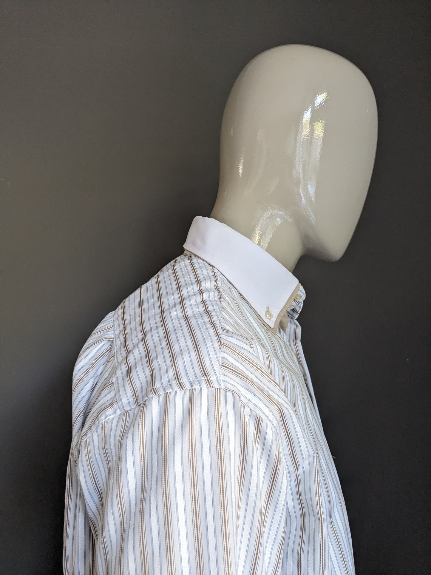 Turunç shirt with double collar. White blue brown striped. Size XL / XXL.