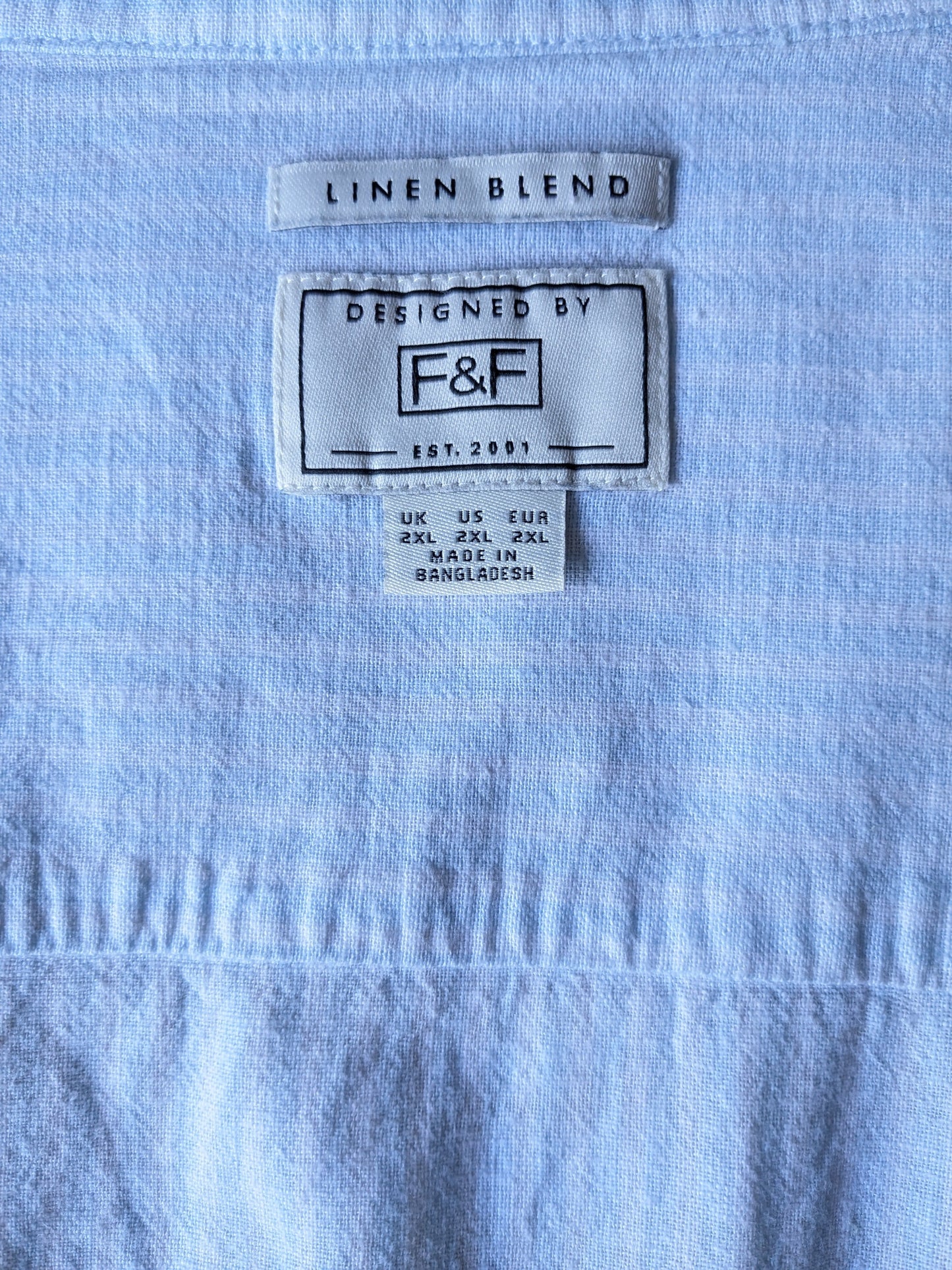F&F Linnen overhemd met korte kraag. Blauw Wit gestreept. Maat XXL / 2XL.