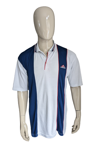 Vintage Adidas polo. Wit Blauw gekleurd, Maat 2XL / XXL.