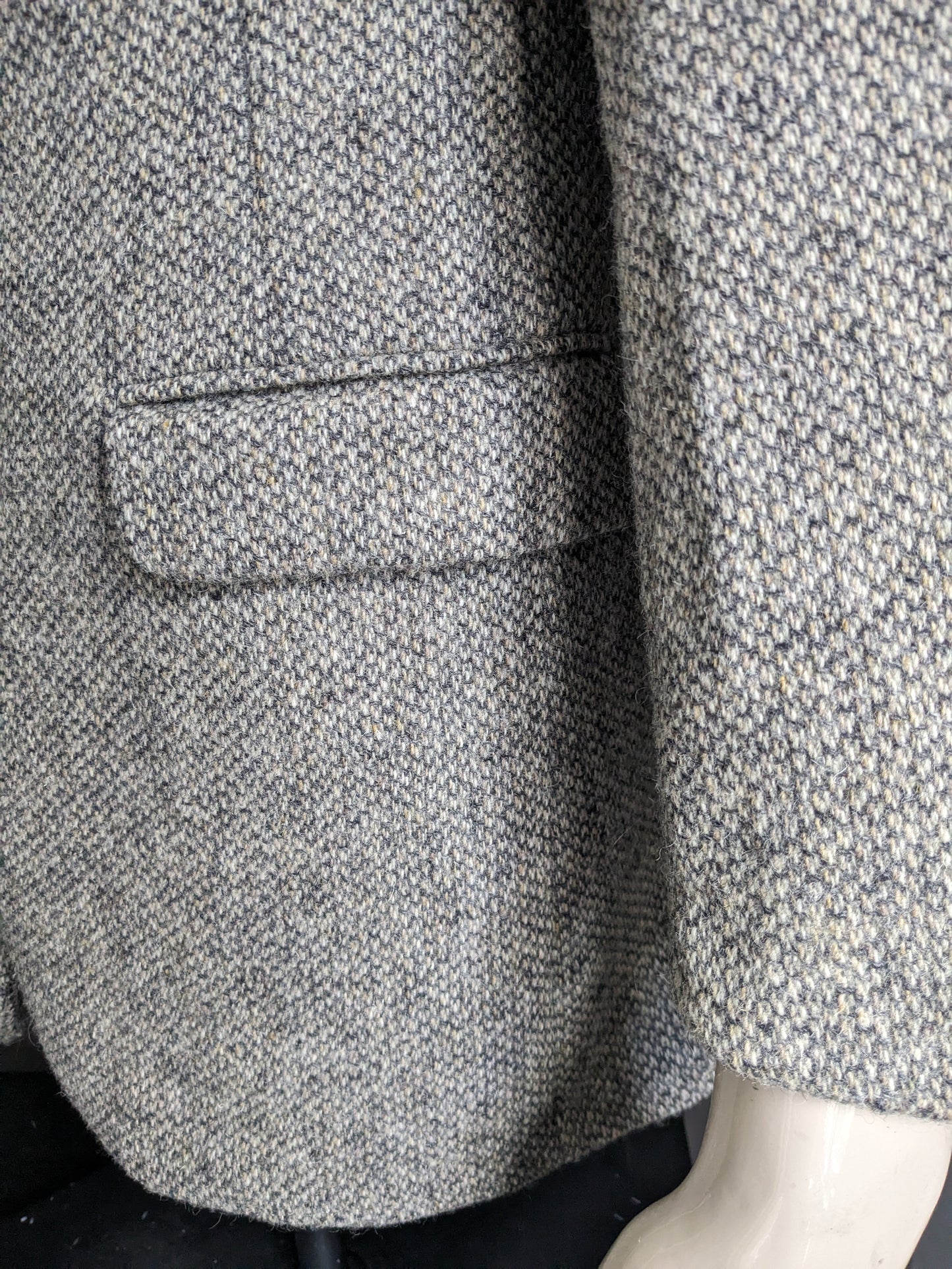 Giacca da abito vintage in tweed Harris con code di cappotto. Motivo grigio beige. Taglia 25 (50/M).