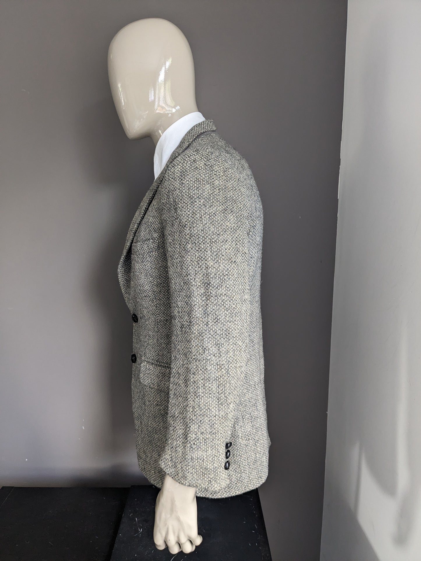Giacca da abito vintage in tweed Harris con code di cappotto. Motivo grigio beige. Taglia 25 (50/M).