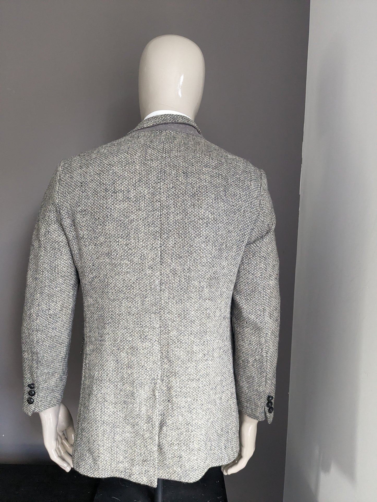Vintage abrigo colas Harris Tweed traje chaqueta. Motivo gris beige. Talla 25 (50/M).