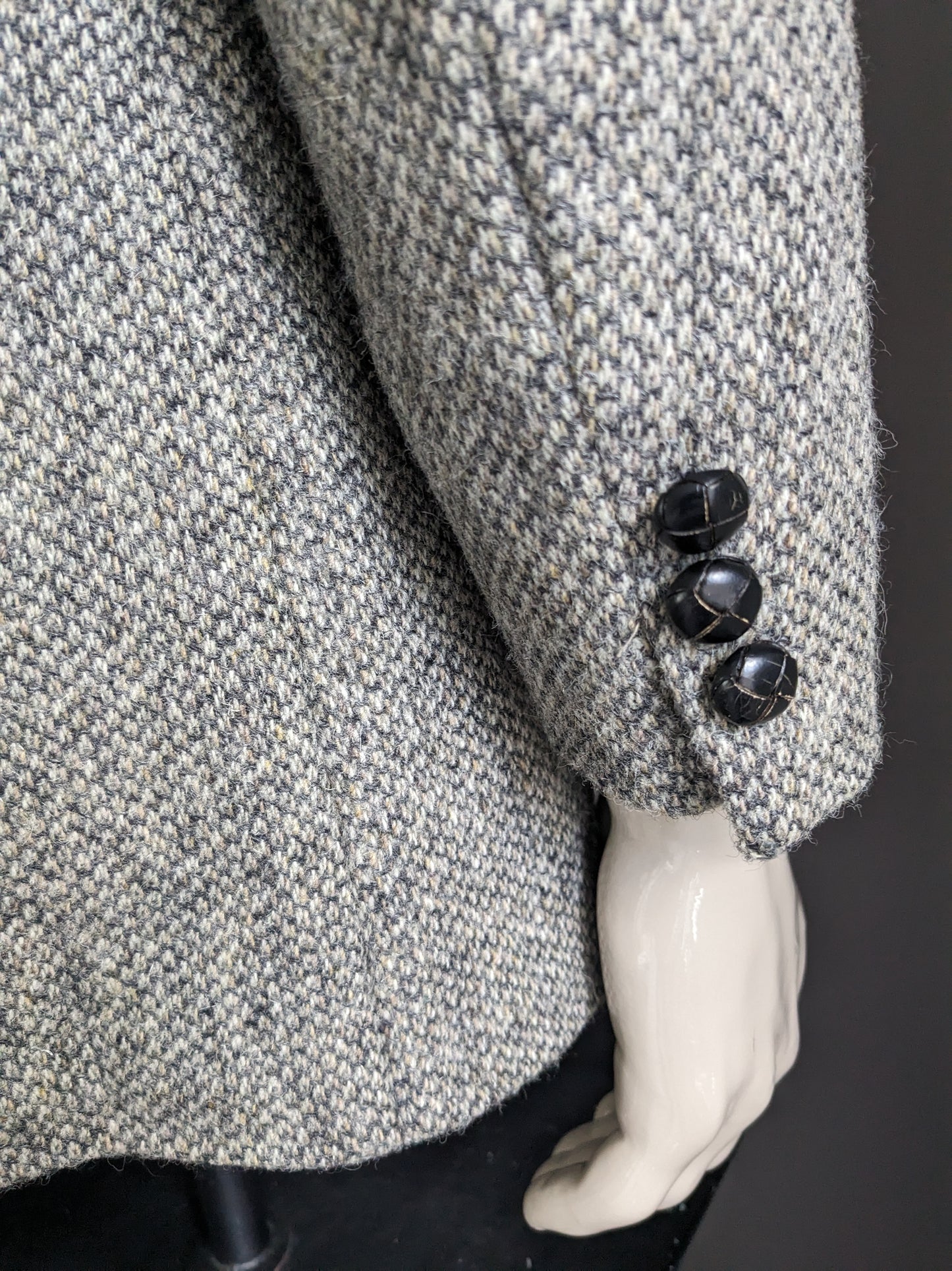 Vintage abrigo colas Harris Tweed traje chaqueta. Motivo gris beige. Talla 25 (50/M).